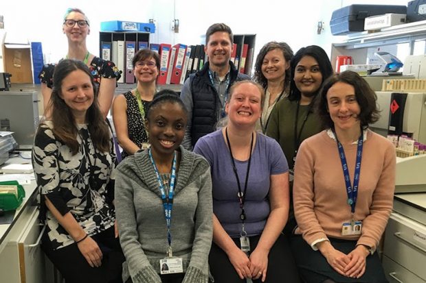 9 smiling people are in an office - 8 women and one man