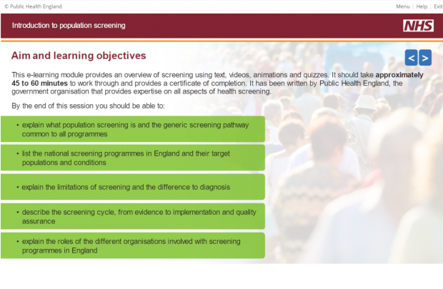 Screenshot of a slide from the new e-learning module showing what users will learn by completing it. The slide has the heading 'aim and learning objectives'.