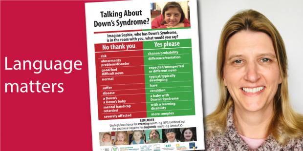 A photo of Colette Lloyd, with a picture of her poster and the wording 'language matters'