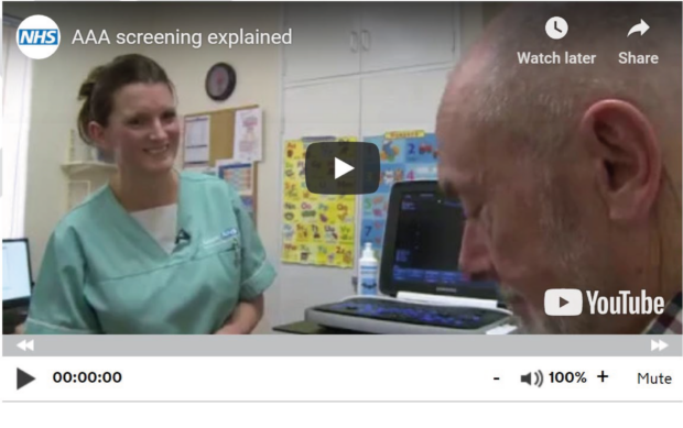 Screen shot of 'AAA screening explained', the video developed by the Dorset and Wiltshire AAA Screening Service. The screen shot features a smiling nurse and the face of an older male patient in profile