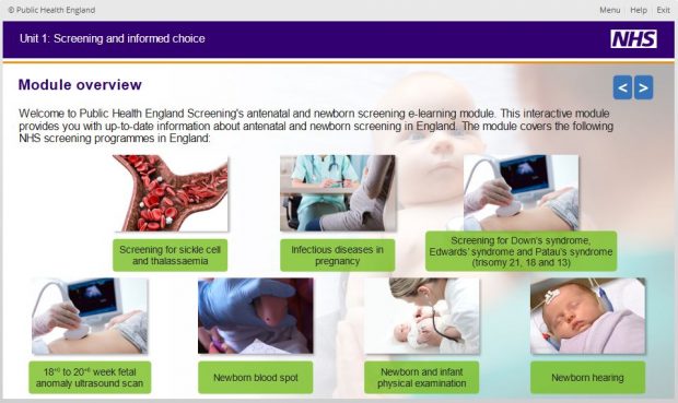 The module overview page explains how it will provide information about antenatal and newborn screening in England.