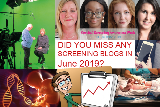 An infographic has 5 photos on it as part of a montage with the words 'did you miss any screening blogs in June 2019?' There is a photo of 4 women for cervical screening awareness week.