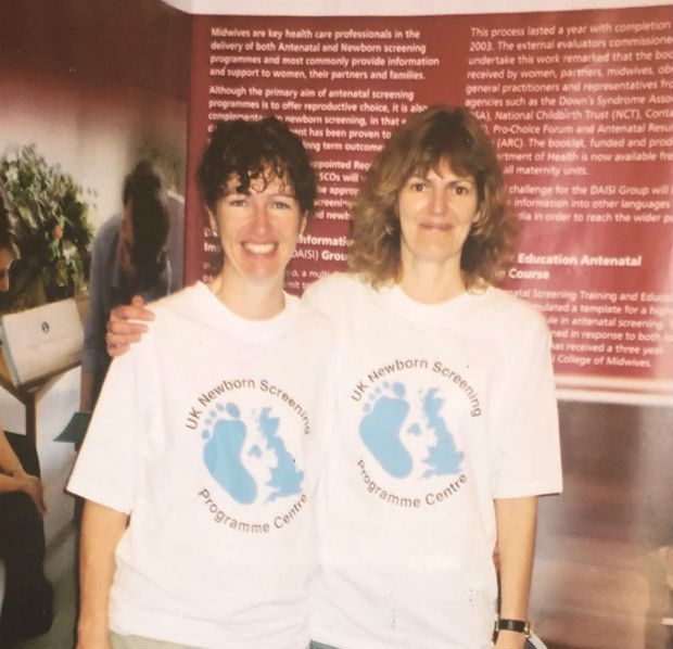 Christine Cavanagh and Cathy Coppinger with screening t shirts on.