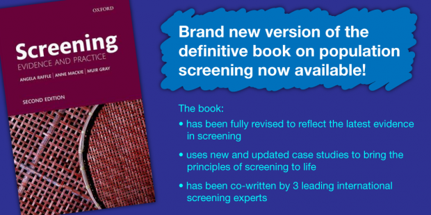 The front cover of the book has text saying: brand new version of the definitive book on population screening now available