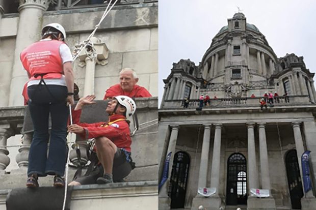 A close-up picture of volunteers abseiling down the tower in Williamson Park, and a full-view image of the tower