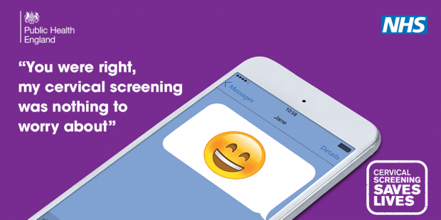 A mobile phone with a smiley face emoji on it and the words next to the phone saying 'you were right, my cervical screening was nothing to worry about.'