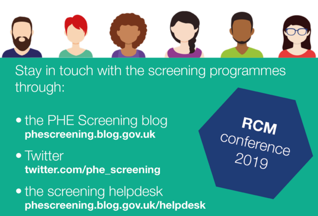 image of men and women and the words say how to stay in touch with the PHE screening programmes through the blog Twitter and the helpdesk.