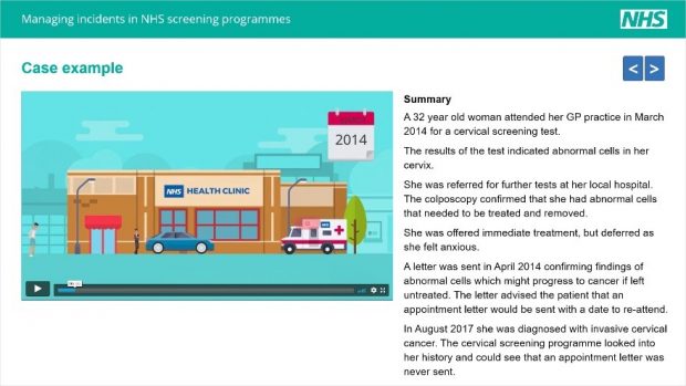 Screenshot of the case example which shows a picture of an NHS health clinic. The case example is about a 32-year-old woman who attended her GP practice and a link to an audio file which tells you more.