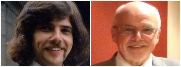 2 photos side by side show Professor Bonham as a young man and then as he is now.