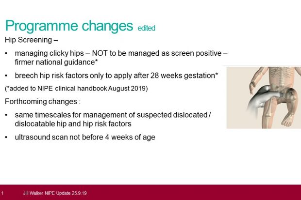 Slide with the title 'Programme screening' with some text in bullet points below and an illustration of the skeletal structure of a baby and an adult hand holding the hip area