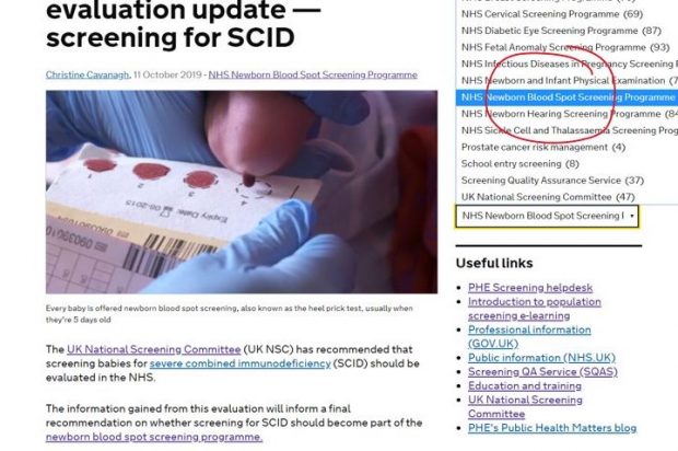 Select the 'categories' option on the right hand side of the screen and select the option for NHS Newborn Blood Spot Screening Programme