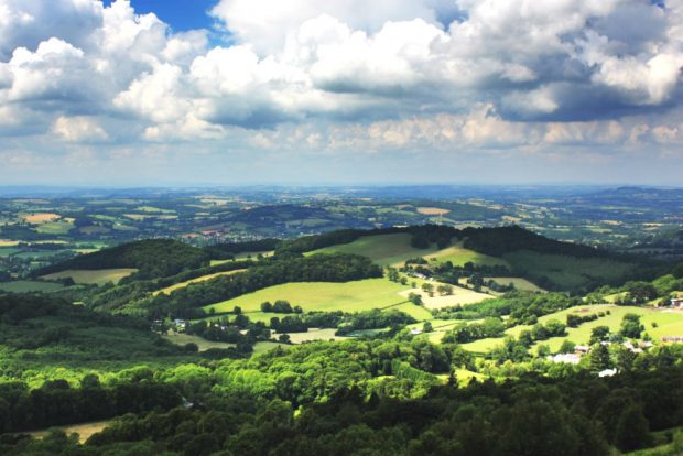 Malvern countryside and land. Lots of hills in distance.