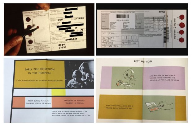 A group of images showing an old style blood spot card, a current blood spot card and extracts from a leaflet called '‘Early PKU detection in the hospital’ by Dr Robert Guthrie, 1961