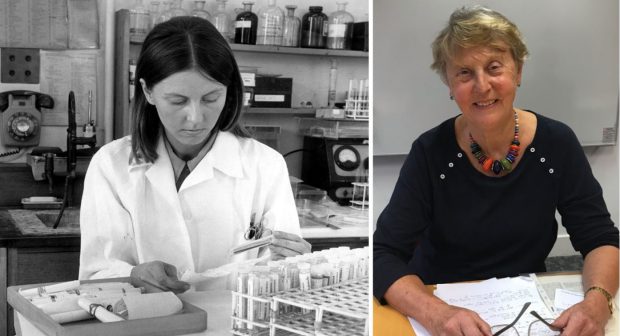 Two photos of Dr Anne Green - in a newborn screening laboratory in 1971 and today sitting at a desk