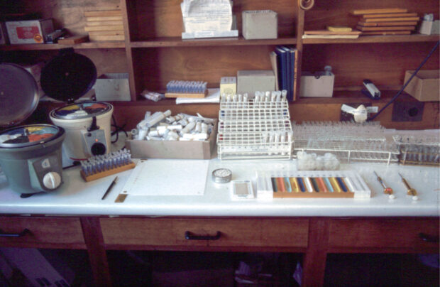 A laboratory bench with equipment for carrying out newborn screening using the Scriver technique - 1969 