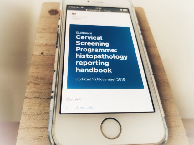 A mobile phone has been used to look up the new histopathology reporting handbook