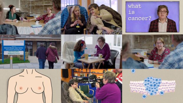 Montage of nine still shots from the video showing women with learning disabilities at various stages of the breast screening progress and diagrams from easy read breast screening leaflets.