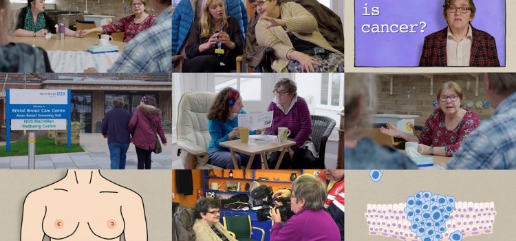 Montage of nine still shots from the video showing women with learning disabilities at various stages of the breast screening progress and diagrams from easy read breast screening leaflets.