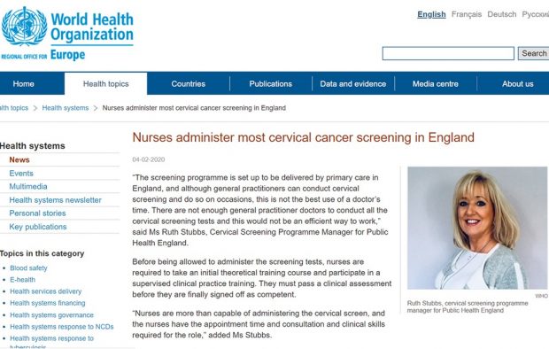 The article on the WHO website discussing Nurses administering most cervical cancer screening in England